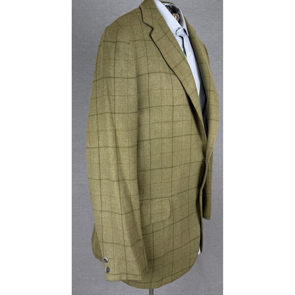 Vintage 60s Bespoke Olive Green Windowpane Wool Sport Coat 44 L